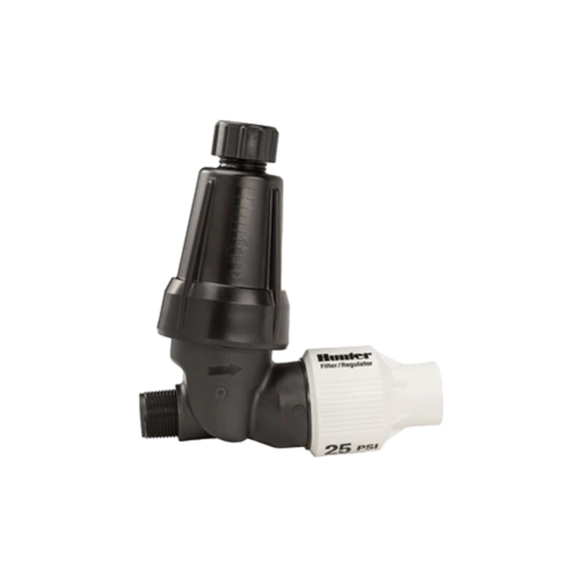 Hunter – HFR-100-075-25 – HFR Filter Pressure Regulating 25 PSI In-Line/WYE 1 in. x 3/4 in. MIPT Plastic Black 150 Mesh w/ Stainless Steel Screen & Flush Cap