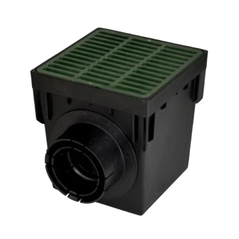 NDS – 900GRKIT  – Square Catch Basin Kit Green With Grate, 2 Outlets & Plug 9 in.