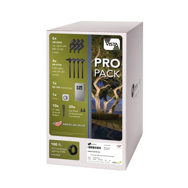 Vista – PROPACK2B-SP142 – Black Pro Pack Kit w/ 6 Uplights, 4 Path Lights, ES-150 Transformer, Timer, Connectors