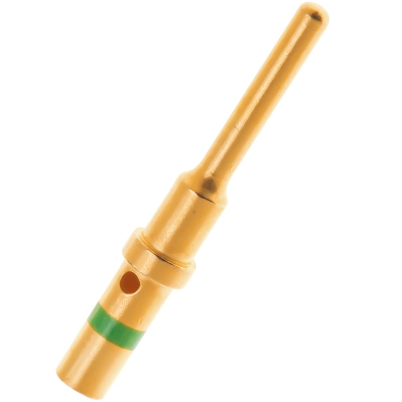 0460-215-1631 – Solid Pin – Size 16 – 14 AWG, 13 Amps, Green Stripe, Gold Plated
