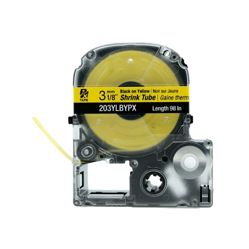 203YLBYPX – Epson Shrink Tube Tape – 3MM – 1/8 -14-22 AWG – Black on Yellow