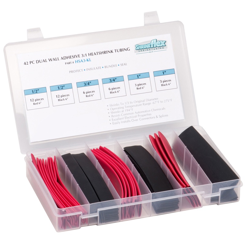 HSA3-KL – Shrinkflex 3:1 Large Diameter Adhesive Lined Heatshrink Tubing Kit – 42 Pieces – 6 Cuts – 3 Sizes – Red/Black
