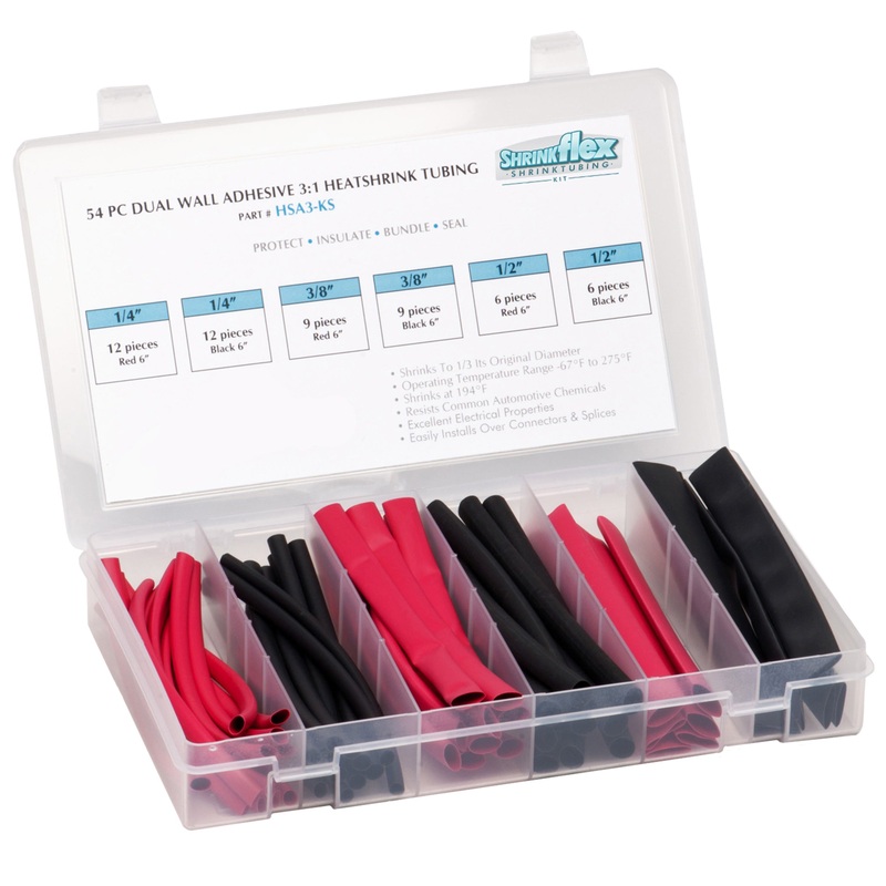 HSA3-KS – Shrinkflex 3:1 Small Diameter Adhesive Lined Heatshrink Tubing Kit – 54 Pieces – 6 Cuts – 3 Sizes – Red/Black