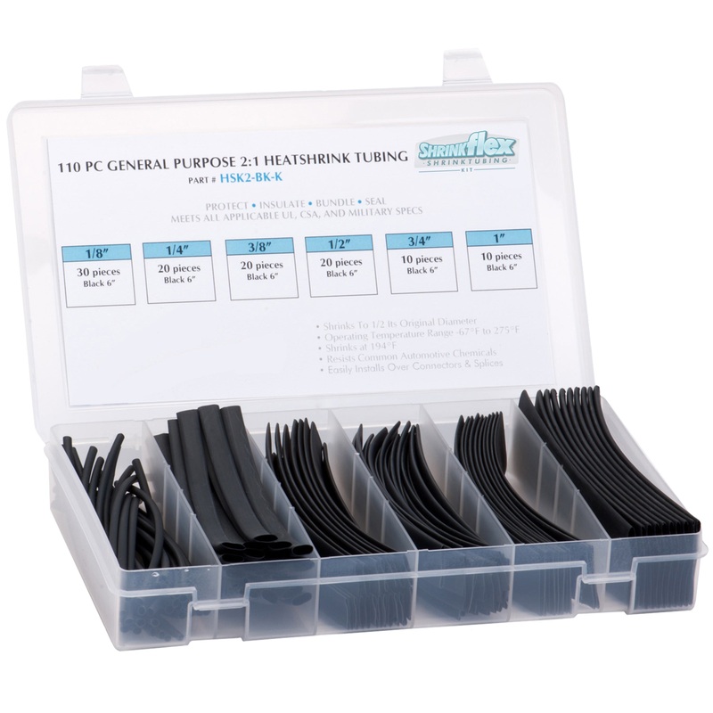 HSK2-BK-K – Shrinkflex 2:1 Heatshrink Tubing Kit – 110 Pieces – 6 Cuts – 6 Sizes – Black