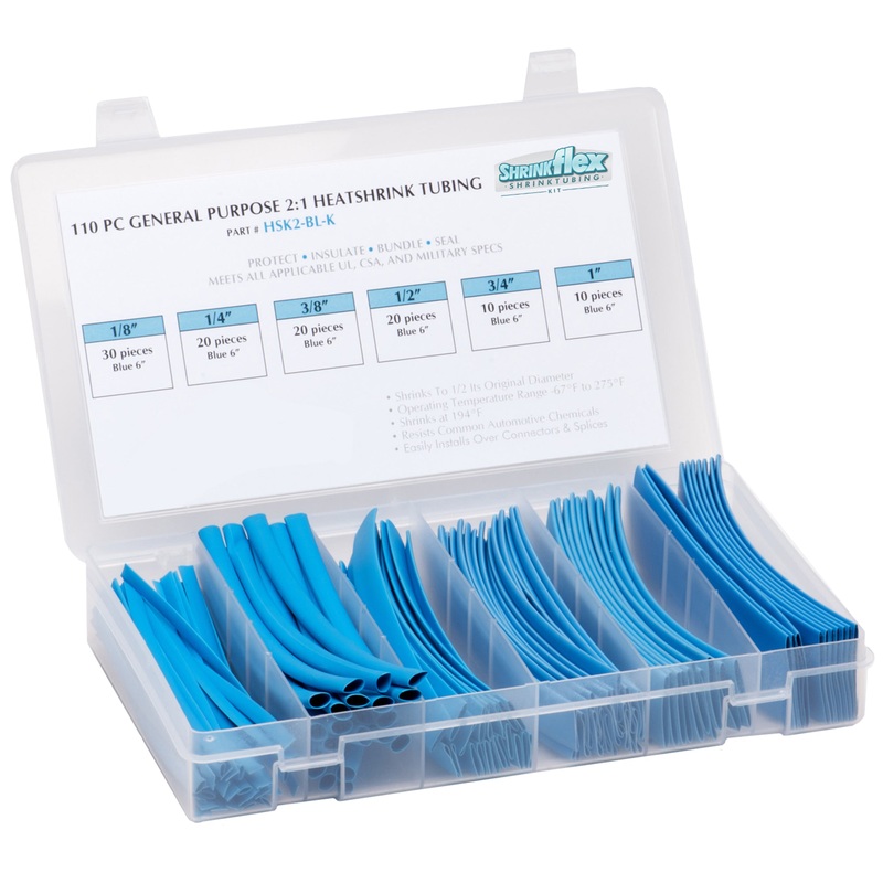HSK2-BL-K – Shrinkflex 2:1 Heatshrink Tubing Kit – 110 Pieces – 6 Cuts – 6 Sizes – Blue