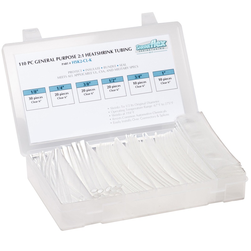 HSK2-CL-K – Shrinkflex 2:1 Heatshrink Tubing Kit – 110 Pieces – 6 Cuts – 6 Sizes – Clear