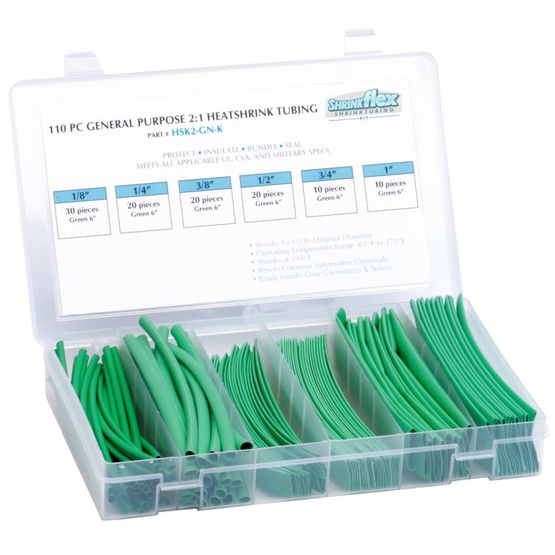 HSK2-GN-K – Shrinkflex 2:1 Heatshrink Tubing Kit – 110 Pieces – 6 Cuts – 6 Sizes – Green