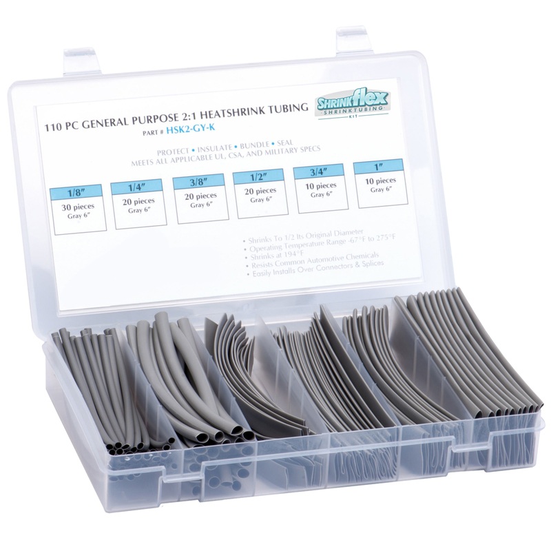 HSK2-GY-K – Shrinkflex 2:1 Heatshrink Tubing Kit – 110 Pieces – 6 Cuts – 6 Sizes – Gray