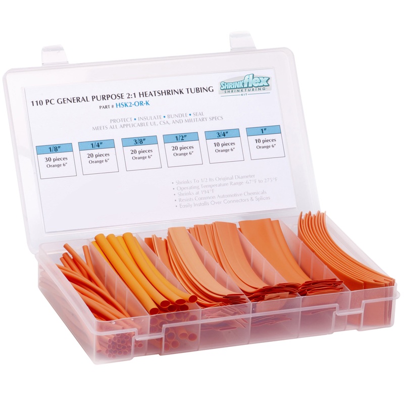 HSK2-OR-K – Shrinkflex 2:1 Heatshrink Tubing Kit – 110 Pieces – 6 Cuts – 6 Sizes – Orange