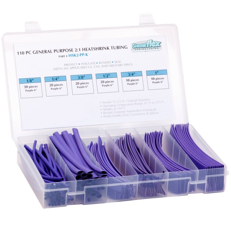 HSK2-PP-K – Shrinkflex 2:1 Heatshrink Tubing Kit – 110 Pieces – 6 Cuts – 6 Sizes – Purple