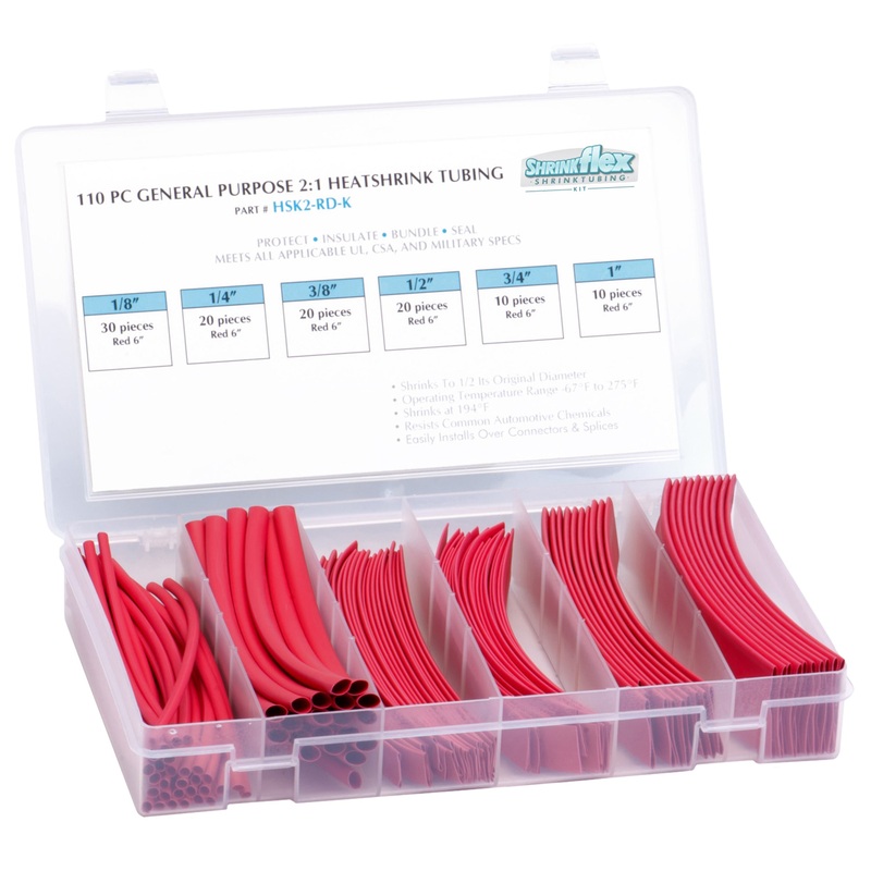 HSK2-RD-K – Shrinkflex 2:1 Heatshrink Tubing Kit – 110 Pieces – 6 Cuts – 6 Sizes – Red