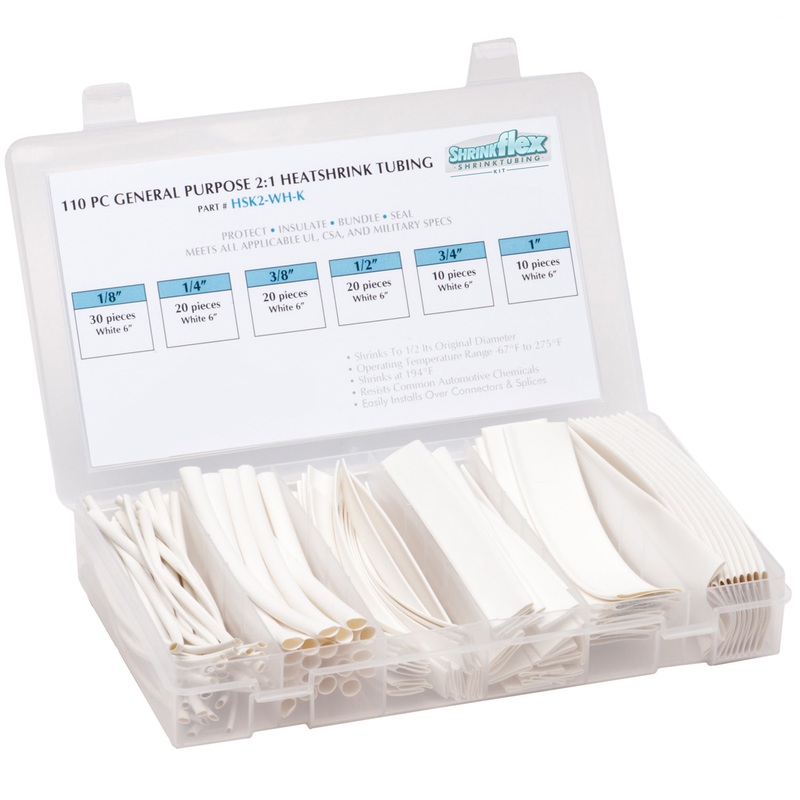 HSK2-WH-K – Shrinkflex 2:1 Heatshrink Tubing Kit – 110 Pieces – 6 Cuts – 6 Sizes – White