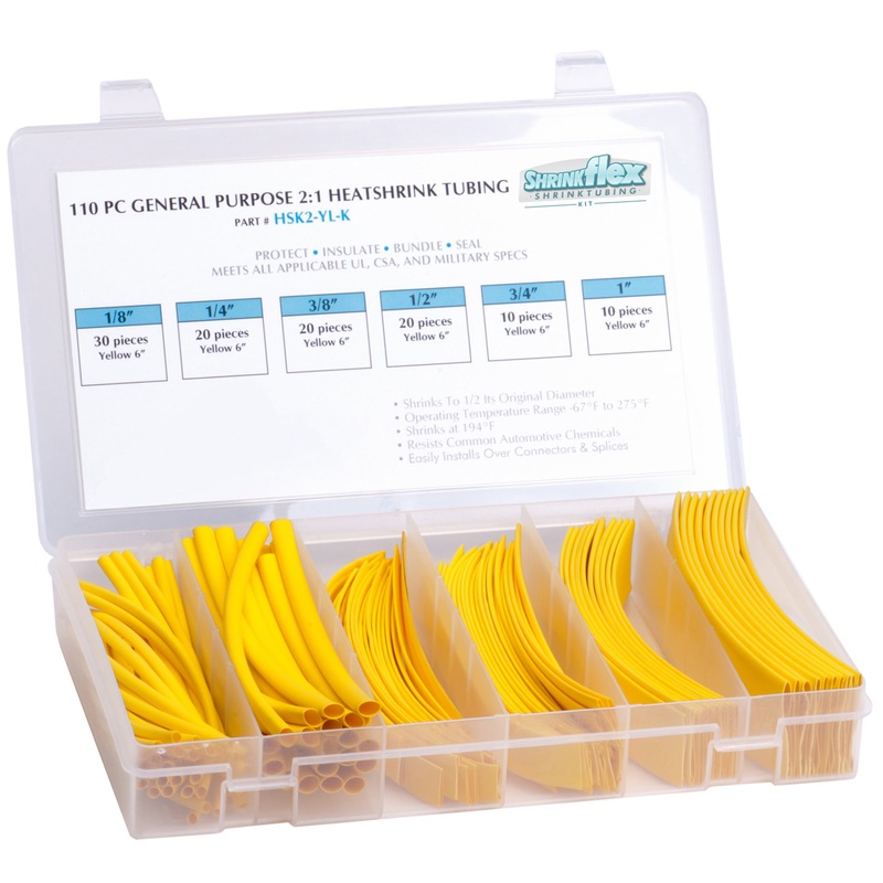HSK2-YL-K – Shrinkflex 2:1 Heatshrink Tubing Kit – 110 Pieces – 6 Cuts – 6 Sizes – Yellow