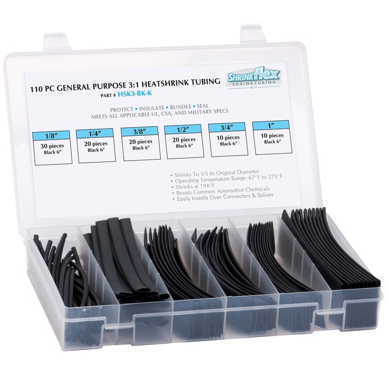 HSK3-BK-K – Shrinkflex 3:1 Heatshrink Tubing Kit – 110 Pieces – 6 Cuts – 6 Sizes – Black