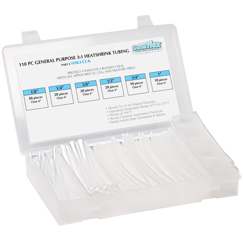 HSK3-CL-K – Shrinkflex 3:1 Heatshrink Tubing Kit – 110 Pieces – 6 Cuts – 6 Sizes – Clear