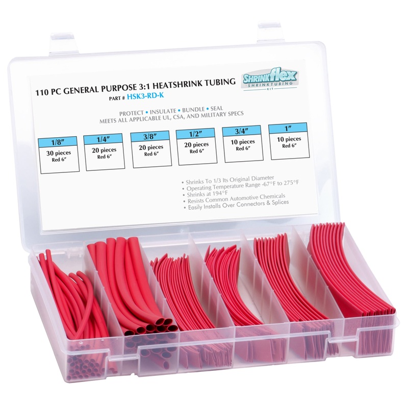 HSK3-RD-K – Shrinkflex 3:1 Heatshrink Tubing Kit – 110 Pieces – 6 Cuts – 6 Sizes – Red