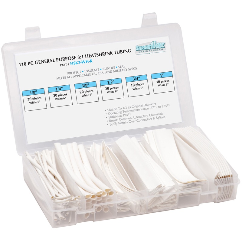 HSK3-WH-K – Shrinkflex 3:1 Heatshrink Tubing Kit – 110 Pieces – 6 Cuts – 6 Sizes – White