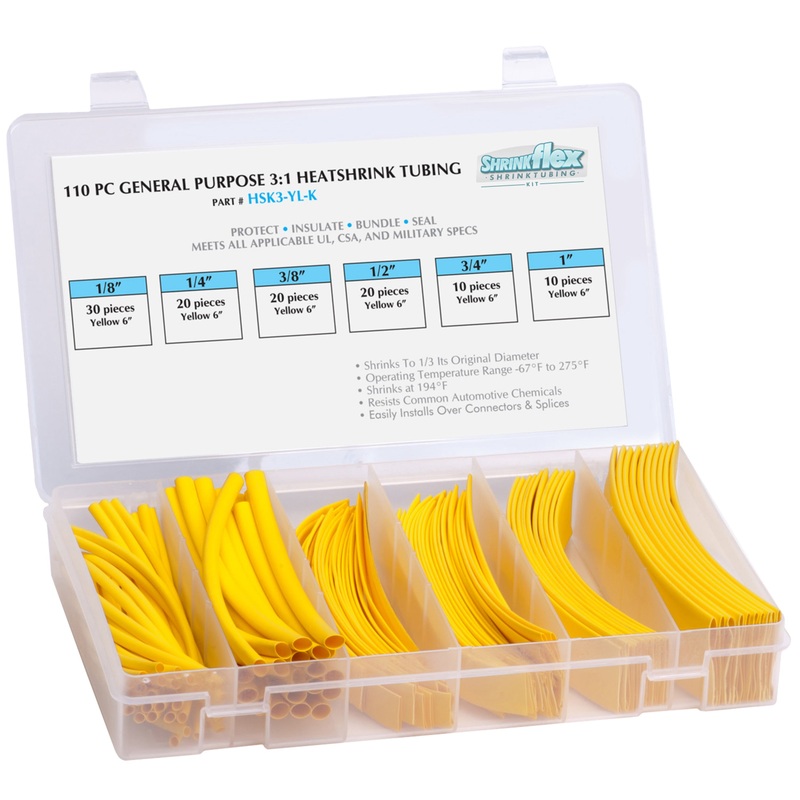 HSK3-YL-K – Shrinkflex 3:1 Heatshrink Tubing Kit – 110 Pieces – 6 Cuts – 6 Sizes – Yellow
